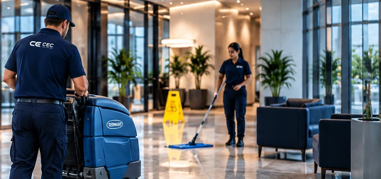 Cleaning technician operating equipment in a modern commercial facility